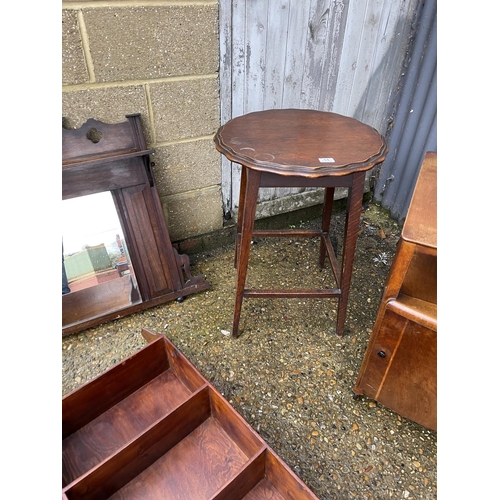 14 - Two oak occasional tables, overmantel and pine shelves