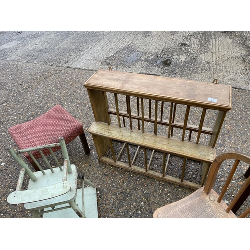 16 - A vintage pine rack, Childs chair, piano stool, dolls high chair and footstool
