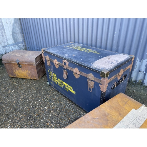 166 - A blue vintage trunk together with a tin box and a wooden box