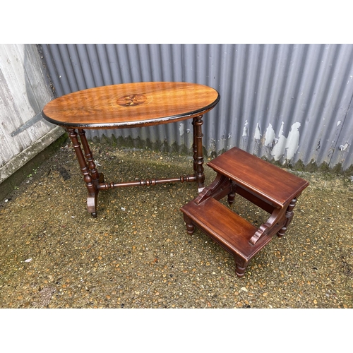 2 - An Edwardian library step together with an inlaid centre table