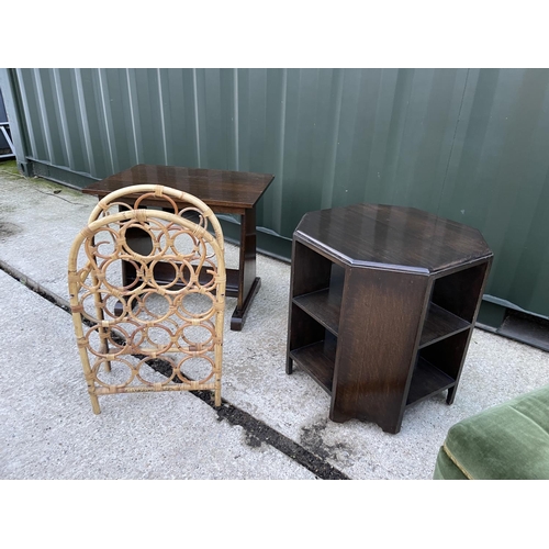 276 - Two oak book tables, bamboo wine rack and green ottoman