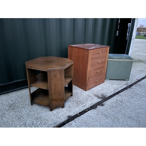 298 - Teak bedside chest of three, loom box and an oak book table