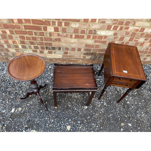 346 - An inlaid drop-leaf two drawer work table  together with a mahogany wine table and a small gallery t... 