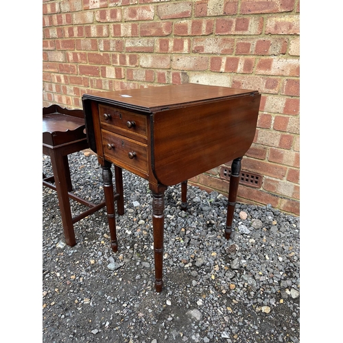 346 - An inlaid drop-leaf two drawer work table  together with a mahogany wine table and a small gallery t... 