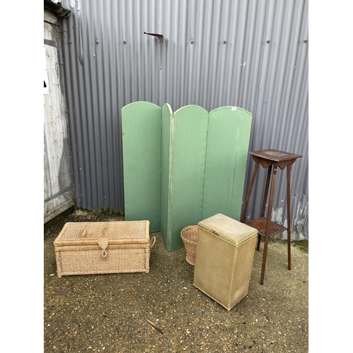 35 - Green upholstered screen, ottoman, linen box, paper bin and plant stamd
