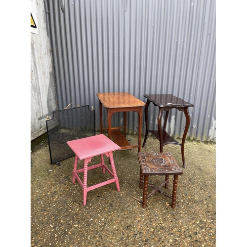 38 - Two mahogany occasional tables, fire guard and two stools