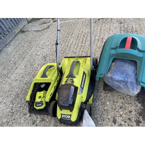 446 - Cordless mower, Bosch mower and a electric scarifier