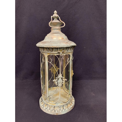 477 - Circular verdigris candle lantern, height 56cms