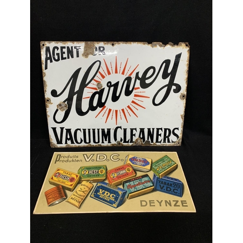 499 - Enamel sign, Harvey vacuum cleaners 51 x 38cms and stand up cardboard tobacco advertising sign