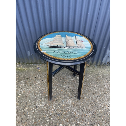 50b - A circular painted table with ship scene 'Pandora 1842'