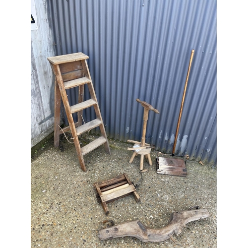 50f - Vintage kitchen wares including mangle, sweeper, steps, stool, tongs and a yoke