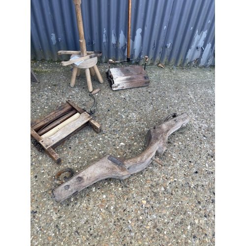50f - Vintage kitchen wares including mangle, sweeper, steps, stool, tongs and a yoke