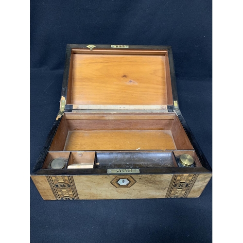 528 - Victorian Walnut and inlaid writing slope with 2 inkwells, lacking interior surface