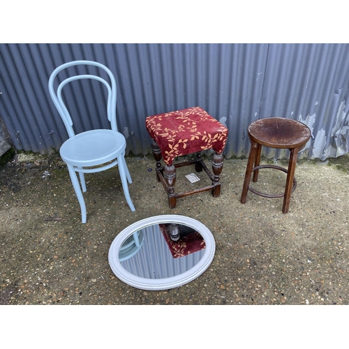 54 - Painted chair, painted mirror and two stools