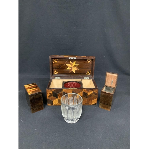 627 - Geometric specimen wood vaneered teacaddy, Cut Glass blending bowl and two removable compartments