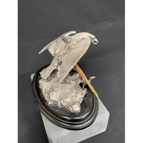 682 - Victorian Britannia Metal Inkwell, in the form of an Eagle, length of plinth 23cms, height 14cms