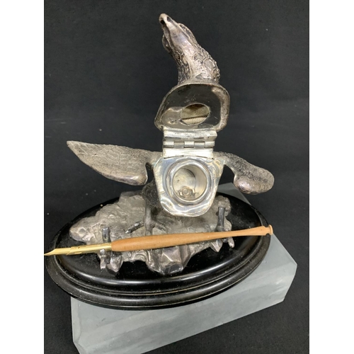 682 - Victorian Britannia Metal Inkwell, in the form of an Eagle, length of plinth 23cms, height 14cms