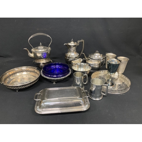 778 - Four piece Silver Plated teaset, Spirit kettle and plated ware