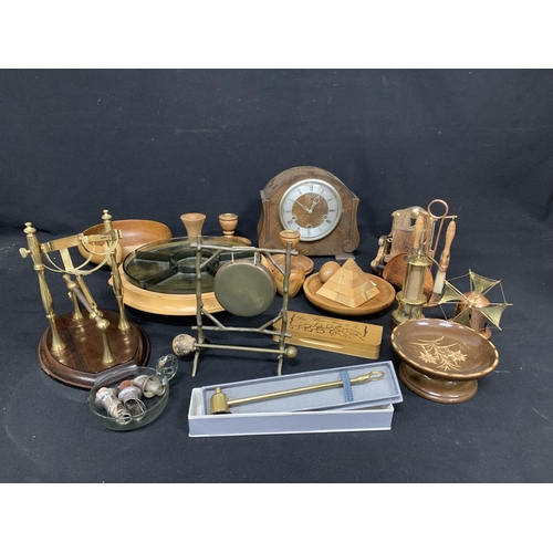 779 - Woodenware and metalware including mantel clock with key and pendulum