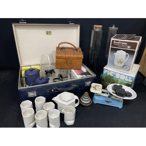 787 - Blue Globetrotter suitcase, vanity case and vintage kitchen items