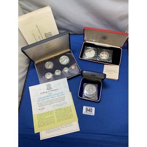 940 - 1974 Iceland 2 Coin Proof Set, 1973 British Virgin Islands 6 Coin Proof Set and 1970 Grenada $4 Coin... 