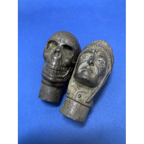 948 - Two Bronze walking stick heads - Indian and Skull