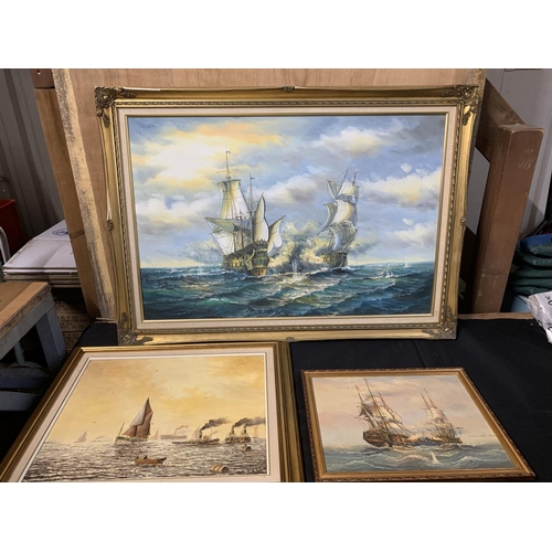 964 - Three gilt framed oils on canvas of shipping scenes, largest 103 x 75 cms