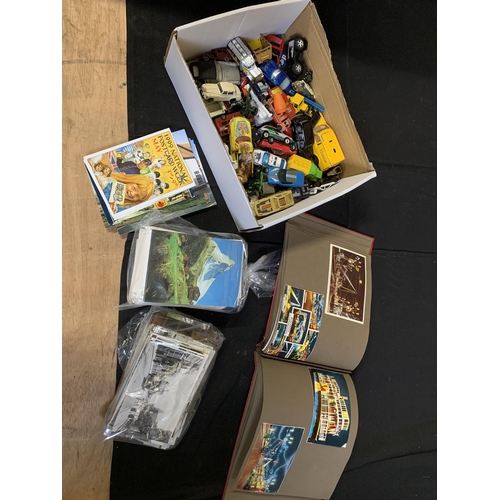 966 - Post cards and box of Die cast models