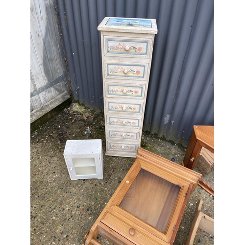 97 - Painted chest of drawers, two corner cabinets, two wall shelves and a white cupboard