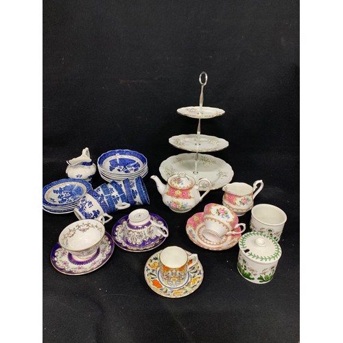 1026 - Royal Albert Lady Carlyle Tea for one, Booths Old Willow, Cake stand and cups & saucers