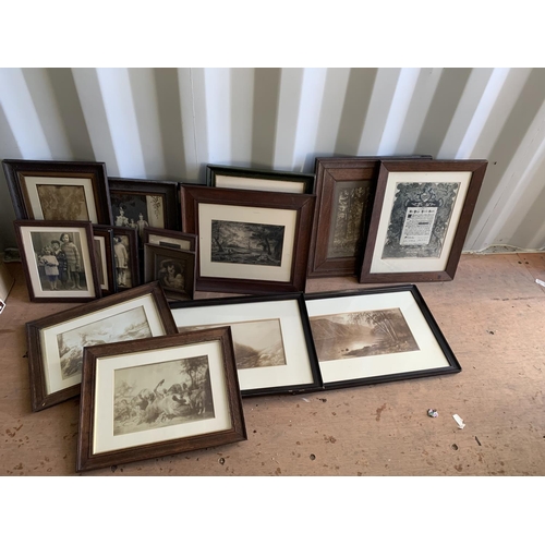 1039 - Sixteen vintage oak framed and other prints