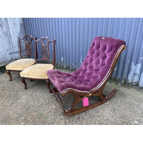 105 - A victorian rocker chair together with a Pair of salon chairs