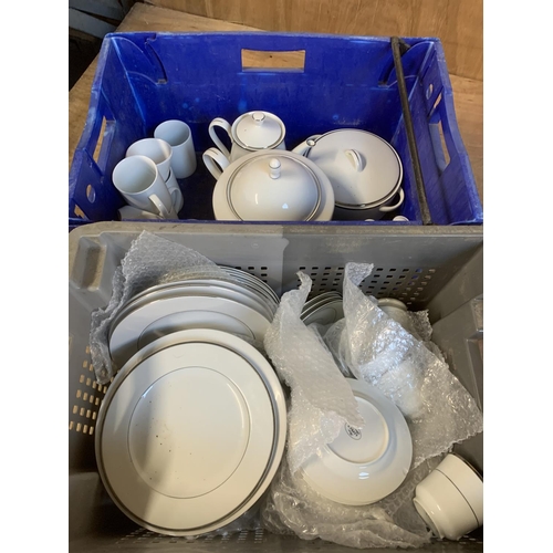 1051 - Two boxes of White with Silver rim dinnerware