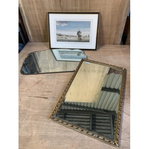 1053 - Framed print of Gravesend, wall mirror and gilt framed mirror