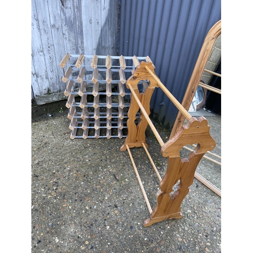 109 - A large pine overmantel together with a pine airer and a wine rack