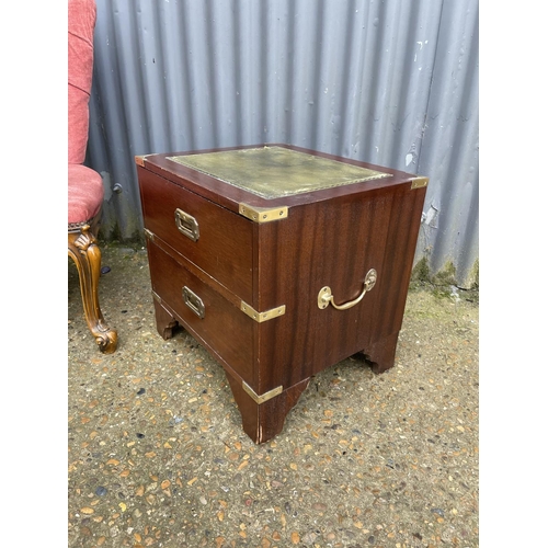 127 - A military style two drawer side table together with an Italian style chair