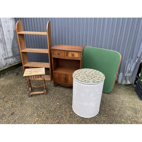 14 - A white loom box, reproduction bookcase, pine bookshelf, card table and a side table