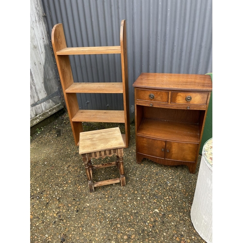 14 - A white loom box, reproduction bookcase, pine bookshelf, card table and a side table