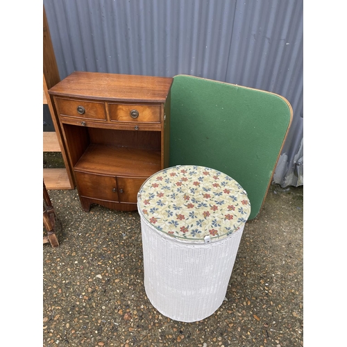 14 - A white loom box, reproduction bookcase, pine bookshelf, card table and a side table