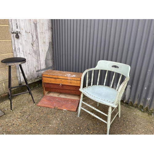 149 - A vintage tool chest, a painted desk chair and a retro stool