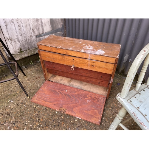 149 - A vintage tool chest, a painted desk chair and a retro stool