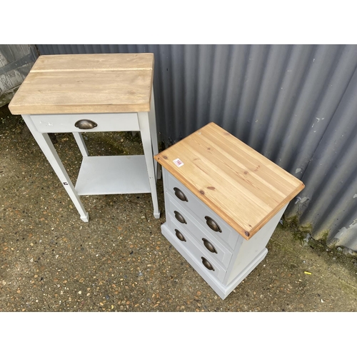 166 - A grey painted pine three drawer bedside together with a painted single drawer table