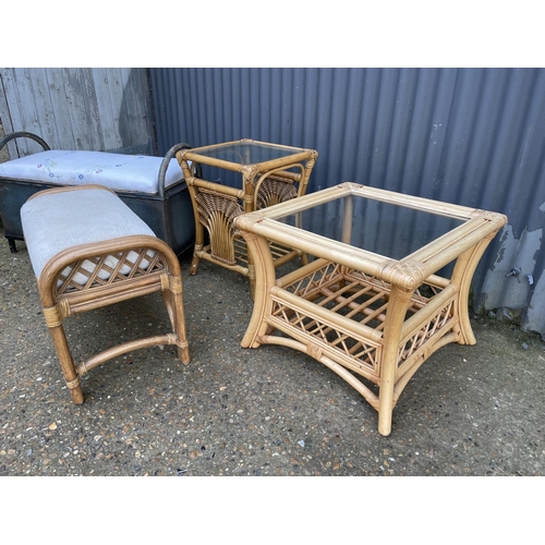 174 - Two bamboo tables, stool and blue ottoman