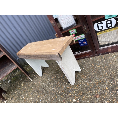 18 - A vintage painted pine bench together with a vintage pine book shelf and a cabinet (glass af )