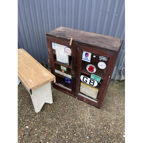 18 - A vintage painted pine bench together with a vintage pine book shelf and a cabinet (glass af )