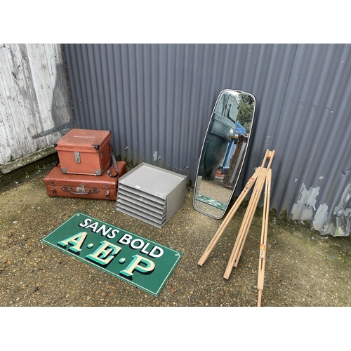 19 - Vintage metal filing rack, sign, mirror, easel and two cases