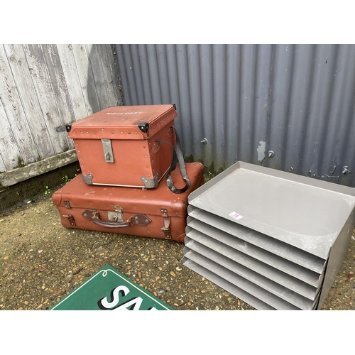 19 - Vintage metal filing rack, sign, mirror, easel and two cases