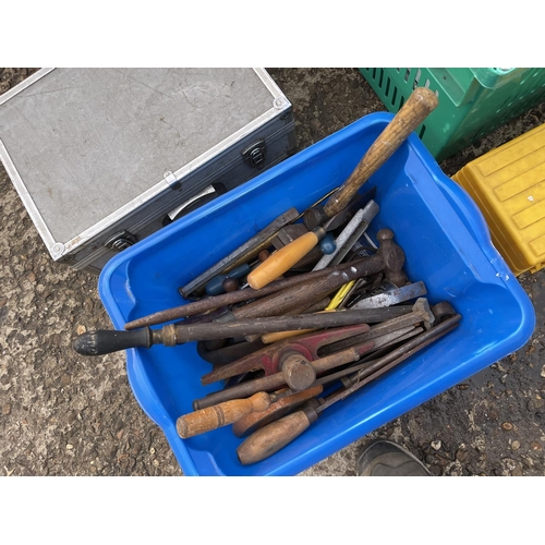 194 - Four boxes tools, two bags tools, two tool cases, rammer and a stool