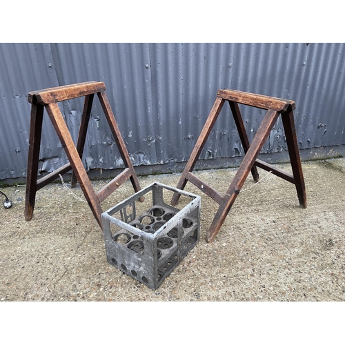 203 - Pair of vintage trestles and vintage crate