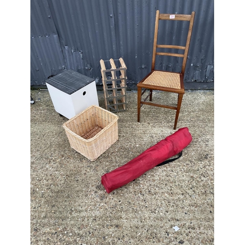 204 - Bergere chair, wine rack, linen box, basket and folding chair